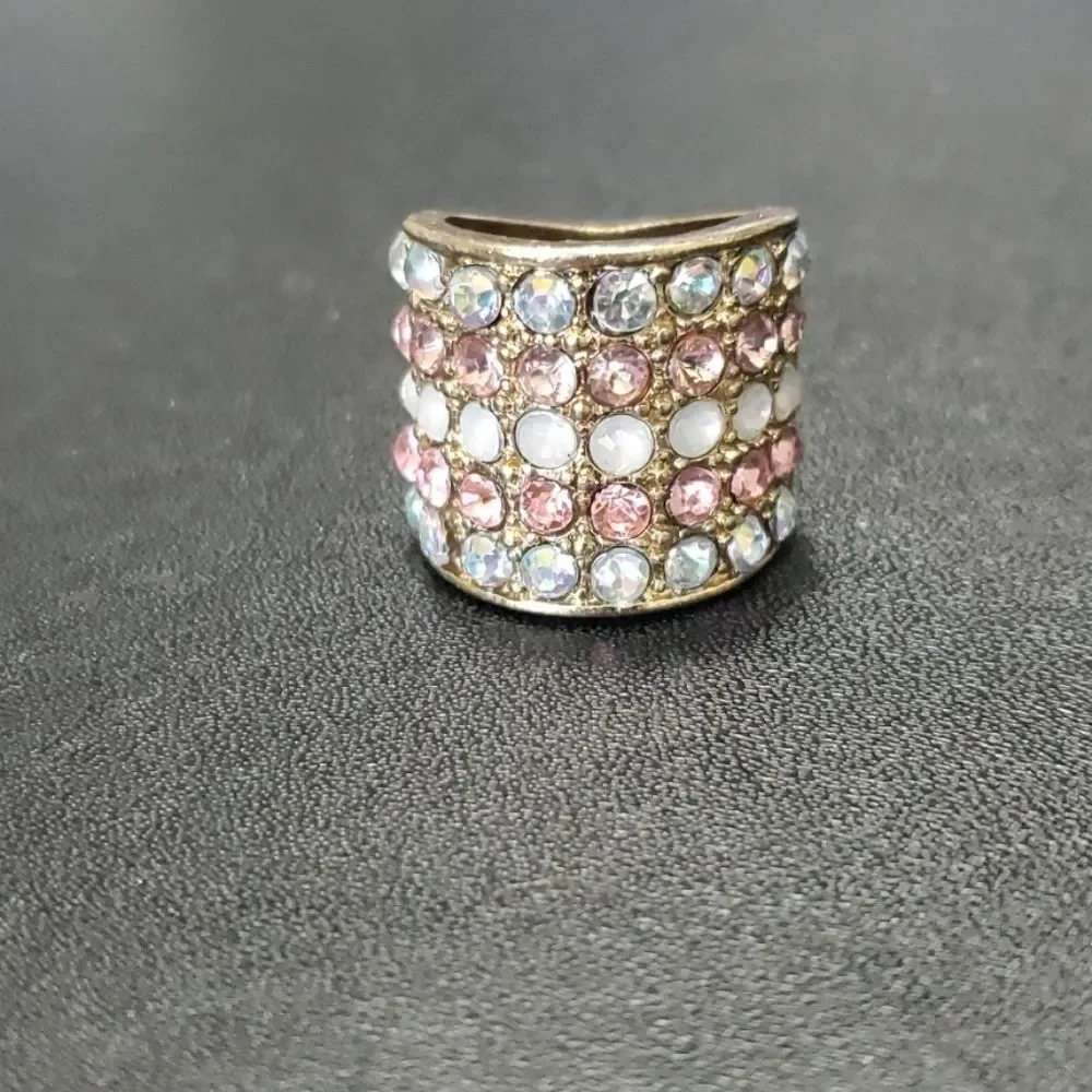 Gold tone wide rhinestone ring - Approx 5 pink chunky